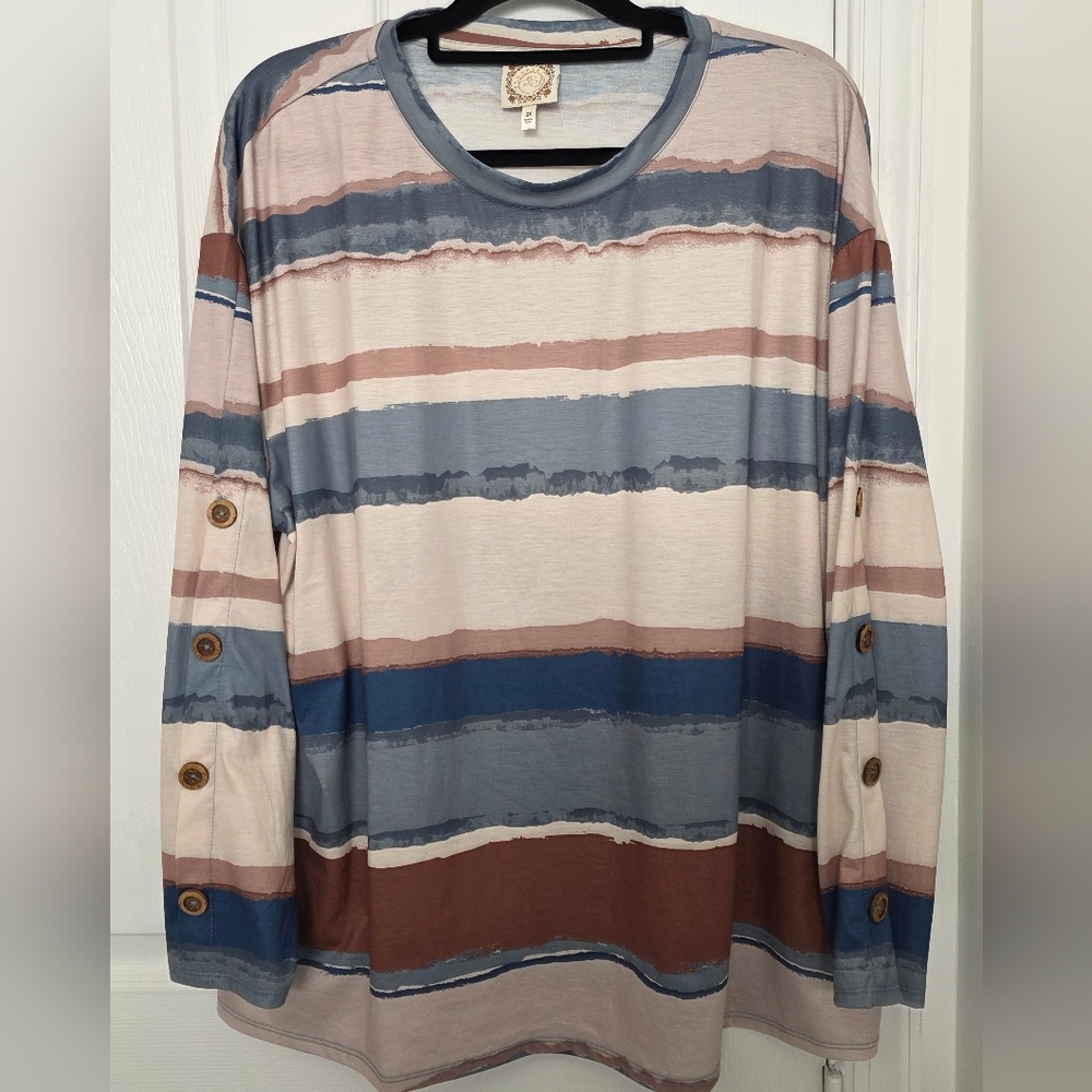 TruSelf Women Multi-Color Long Sleeve Shirt Tan,Blue, Brown Size 2X